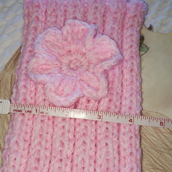 Pink Knitted Headband. Flower. Ribbed. Bubble Gum - Picture 4 of 5